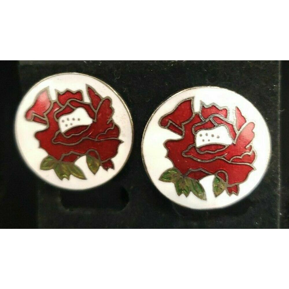 Vintage White Enamel Rose Flower design Screw back Button Earrings Made in Japan